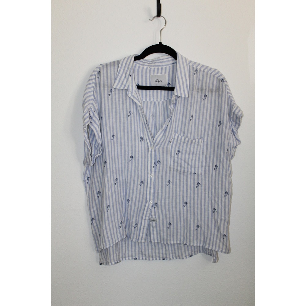 Rails Whitney Mermaid Stripe Linen Blend Short Sleeve Button Down Shirt Large